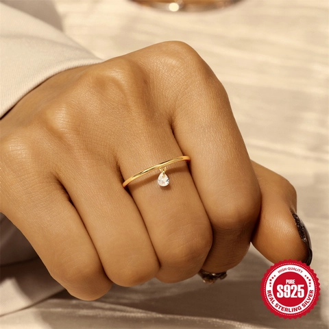 S925 Sterling Silver Gold Plated Dainty Charm Ring With Zirconia Moon Star Heart Cross Pear Pendant For Women Jewelry Gift