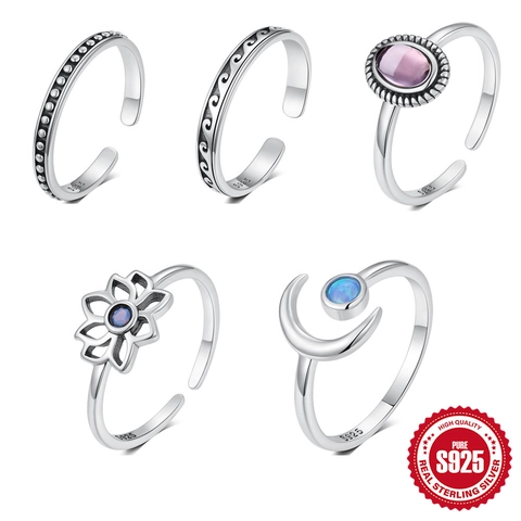 925 Sterling Silver Adjustable Open Ring For Women Moon Flower Zirconia Opal Vintage Minimalist Finger Ring Jewelry Gift