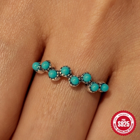 925 Sterling Silver Vintage Ring For Women Lotus Flower Turquoise Moon Phase Vine Leaf Braided Stackable Ethnic Jewelry Gift
