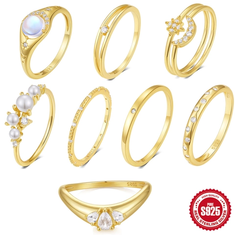 S925 Sterling Silver Moon Star Artificial Pearl Ring Gold Plated Zircon Open Ring Vintage Minimalist Jewelry Gift For Women Finger Ring