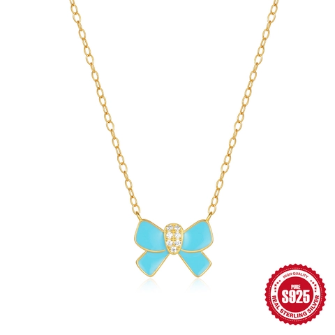 925 Sterling Zilveren Vlinder Strik Hanger Halsketting Met Zirconia Goud Verguld Emaille Oliedruppel Sieraden Voor Dames