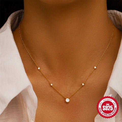925 Sterling Silver Bezel Set Zirconia Necklace For Women Minimalist Gold Plated Chain Necklace Elegant Jewelry Gift