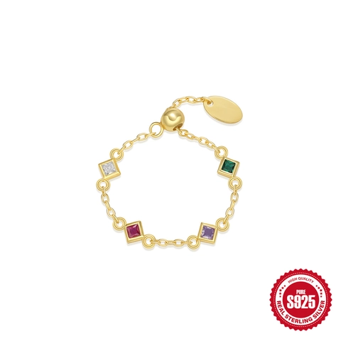 Bague Chaîne Réglable en Argent Sterling 925 Avec Quatre Zirconiums Carrés Colorés Bague Géométrique Plaqué Or pour Femme