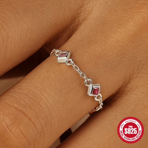Bague Chaîne Réglable en Argent Sterling 925 Avec Quatre Zirconiums Carrés Colorés Bague Géométrique Plaqué Or pour Femme