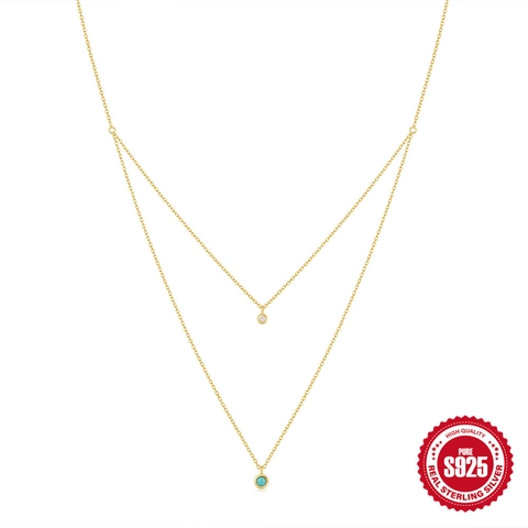 S925 Sterling Silber Mehrlagige Halskette Mit Türkis Zirkonia Anhängern Vergoldete Minimalistische Kette Damen Schmuck