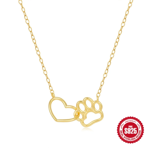 925 Sterling Silver Heart And Paw Print Pendant Necklace Gold Plated Minimalist Fashion Jewelry For Women Pet Lover Gift