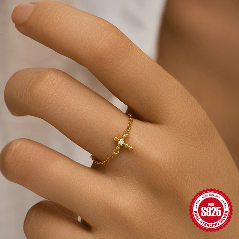 Anello a Catena Regolabile in Argento Sterling S925 per Donna Lussuoso Placcato Oro Croce Perla Artificial Zirconia Intarsiato Anello