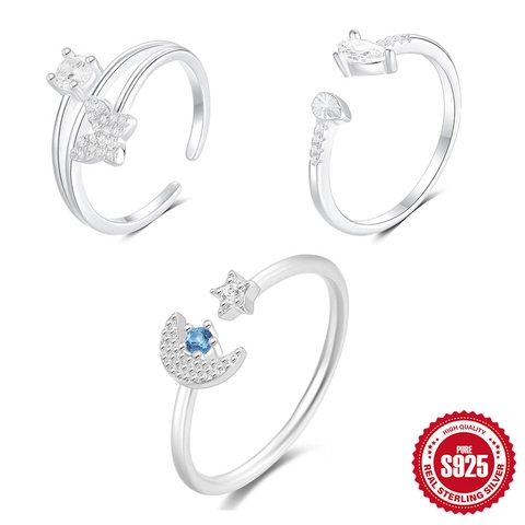 Bague Ouverte en Argent Sterling S925 pour Femme Réglable Zircone Papillon Étoile Lune Forme de Poire Bijoux Cadeau