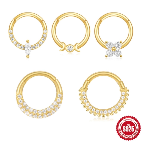 Anillo de Cartílago de Oreja de Plata de Ley 925 Joyas de Piercing Bañado en Oro Zirconia Flor Luna Creciente Daith Helix Septum para Mujer