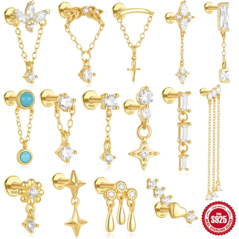 925 Sterling Zilver Vergulde Kwastje Ketting Oorknopjes Met Zirkonia Turkoois Voor Vrouwen Oorkraakbeen Sieraden