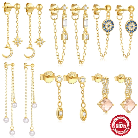 Orecchini Pendenti in Argento Sterling S925 per Donna Placcati Oro Zirconia Perla Nappa Stella Luna Infinito Gioielli