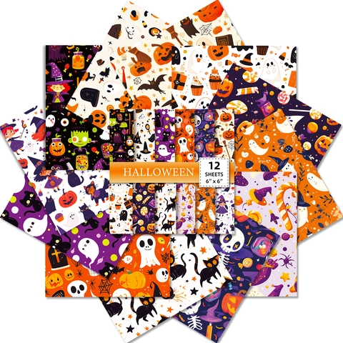 Papel de Scrapbooking de Halloween Dibujos Animados Calabaza Fantasma Calavera Papel de Material Decorativo para DIY Journal Crafting Art Supplies