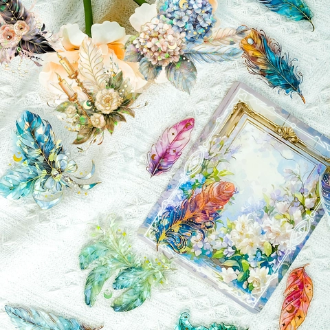 Vintage PET Feather Floral Stickers Bronzing Laser Waterproof Decorative Scrapbooking Sticker Set For DIY Handbook Journal