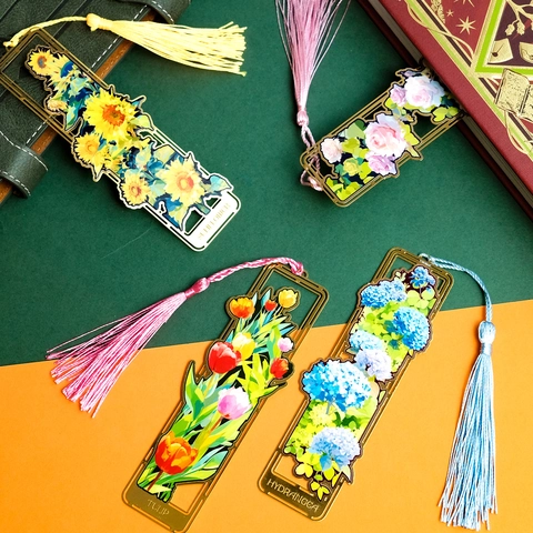 Hollow Brass Flower Metal Bookmark With Satin Tassel Retro Rose Sunflower Tulip Hydrangea Stationery Gift For Reader