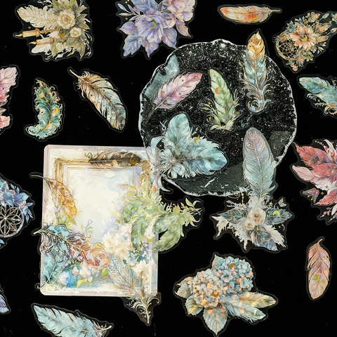 Vintage PET Feather Floral Stickers Bronzing Laser Waterproof Decorative Scrapbooking Sticker Set For DIY Handbook Journal