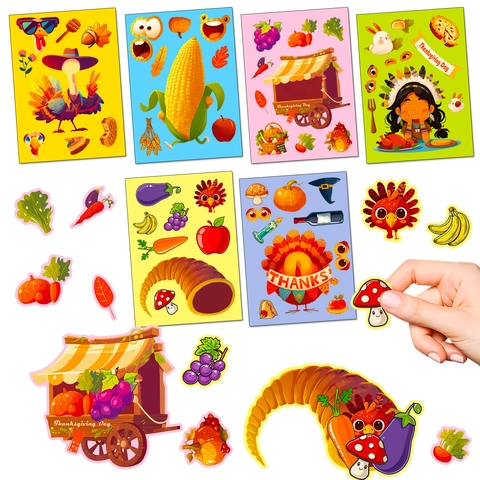 Thanksgiving DIY Face Change Stickers For Kids Turkey Pumpkin Harvest Festival Party Favor Educational Cartoon PP Decals