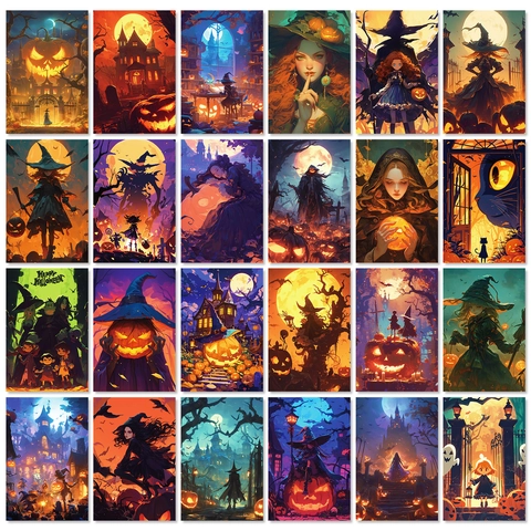 Halloween Wanddeko Karten Vintage Kürbis Hexe Schwarze Katze Geist Schloss Gruselige Postkarten Für Zuhause Party Deko