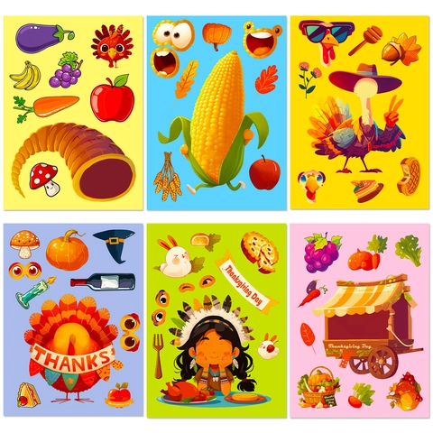Thanksgiving DIY Face Change Stickers For Kids Turkey Pumpkin Harvest Festival Party Favor Educational Cartoon PP Decals