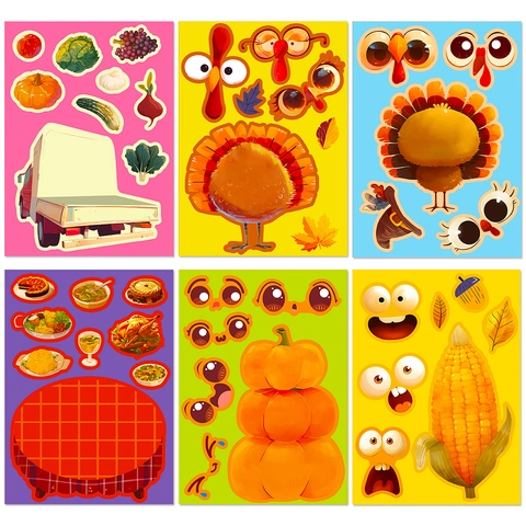 Thanksgiving DIY Make A Face Stickers Turkey Pumpkin Maple Leaf Truck Harvest Theme Party Favor Stickers For Kids Gifts