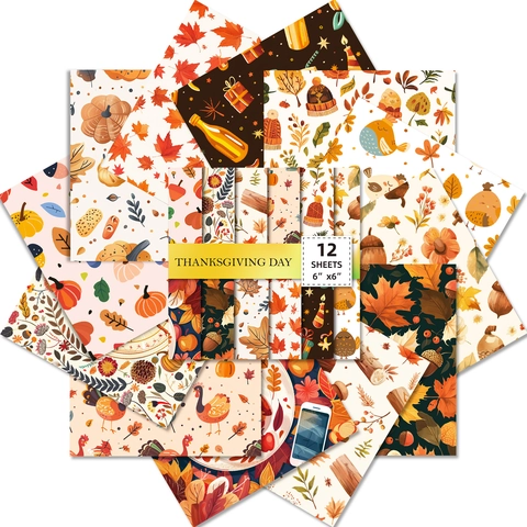 Carta Decorativa per Scrapbook del Raccolto Autunnale del Ringraziamento con Motivo a Zucca Tacchino Foglia d'Acero per Fai da Te