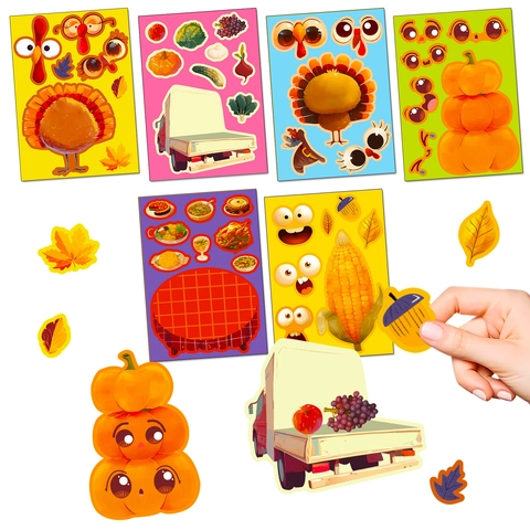 Thanksgiving DIY Make A Face Stickers Turkey Pumpkin Maple Leaf Truck Harvest Theme Party Favor Stickers For Kids Gifts