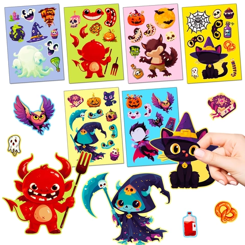 Halloween Kinder Gesicht Tausch Aufkleber DIY Cartoon Geist Kürbis Schwarze Katze Werwolf Party Dekoration Puzzle Aufkleber Für Kinder Geburtstagsgeschenke
