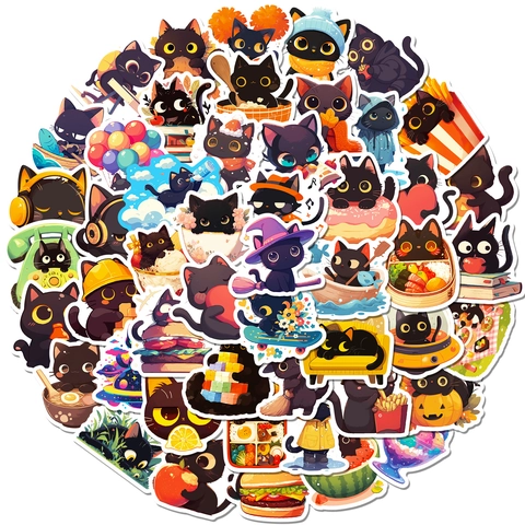 Adesivi Kawaii con Gatto Nero in Cartone Animato Impermeabili in Polipropilene per Laptop Telefono Scrapbooking Decorazione DIY