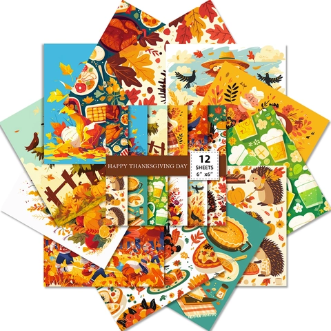 Papel de Scrapbook para Acción de Gracias Cosecha de Otoño Calabaza Pavo Patrones Papel de Material Decorativo para Diario DIY