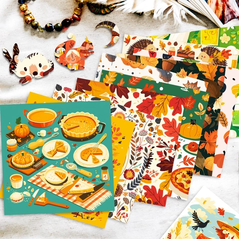 Papel de Scrapbook para Acción de Gracias Cosecha de Otoño Calabaza Pavo Patrones Papel de Material Decorativo para Diario DIY