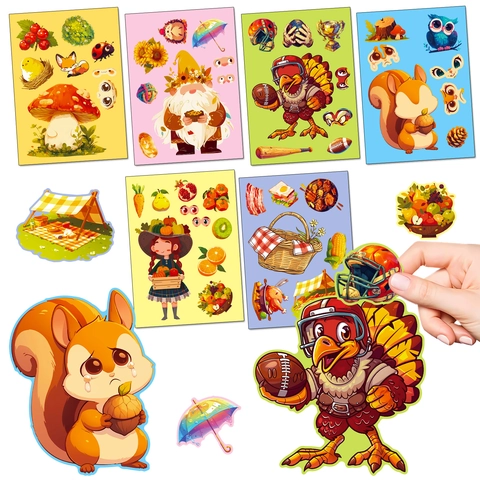 Thanksgiving DIY Puzzle Stickers Make A Face Stickers For Kids Autumn Harvest Turkey Squirrel Gnome Owl Pumpkin Stickers For Home Party Decoration