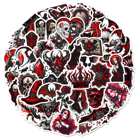 Gothic Horror Stickers Dark Red Black White Skull Demon Cat Bat Decals For Laptop Phone Case Notebook Decoration Halloween Gift