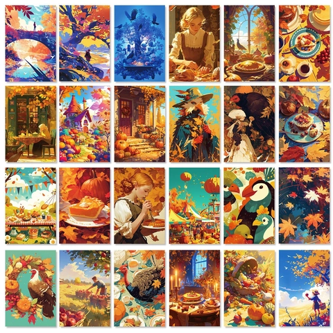 Set Di Cartoline Illustrate Arte Raccolto Autunnale Ringraziamento Vintage Poster Estetici Per Decorazione Parete Casa