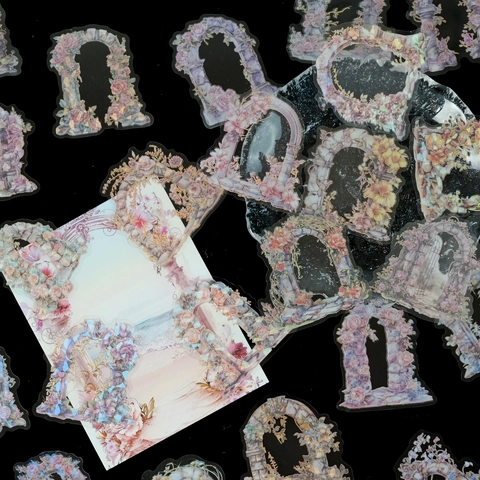 Vintage Floral Arch Window Frame PET Stickers Aesthetic Laser Gold Foil Decorative Material For DIY Scrapbooking Journaling