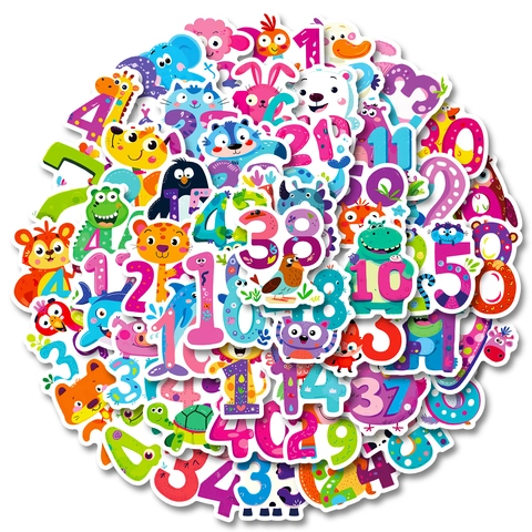 Autocollants de Dessins Animés Animaux et Chiffres PVC Imperméable DIY Papeterie Éducative pour Gourdes Ordinateur Cadeau Enfant