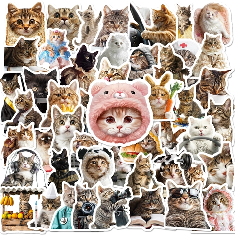 Cute Humanized Cat Sticker Set Waterproof Vinyl Graffiti Decals For Laptop Suitcase Guitar Phone Case DIY Decoration