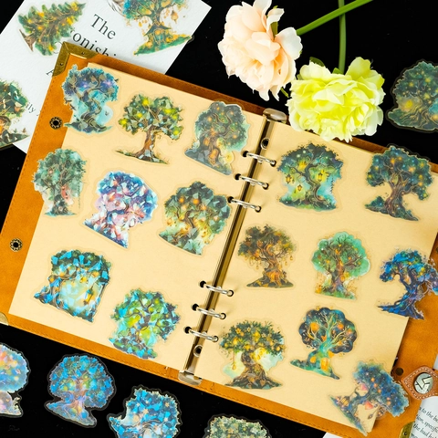 Magic Forest Tree PET Stickers Holographic Gold Stamping Waterproof Decorative Decals For Scrapbooking Journaling DIY Crafts Fantasy Style Aesthetic Stationery