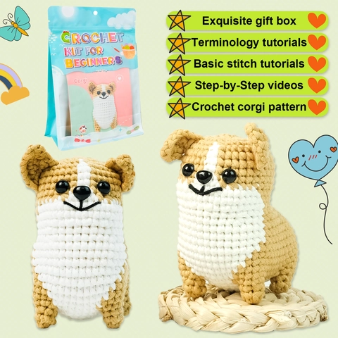 Kit De Crochet Pour Débutants Chien Corgi DIY Amigurumi Ensemble De Matériaux De Tricotage Avec Fil Crochets Accessoires Pour Adultes Enfants Cadeau