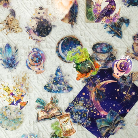 Magic Wizard Cat Stickers PET Gilded Laser Scrapbook Decoration Magical Element Potion Moon Star Owl Fantasy Theme Decorative Decals