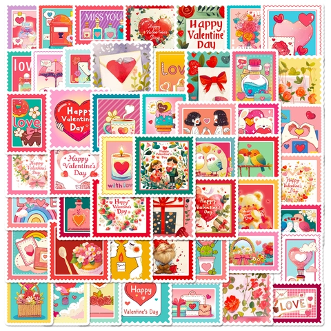 Pegatinas de Estilo de Sello Postal de Dibujos Animados Impermeables para el Día de San Valentín para Scrapbooking Planner DIY Decoración de Portátil Corazón Rosa Flor Etiquetas de Regalo Románticas