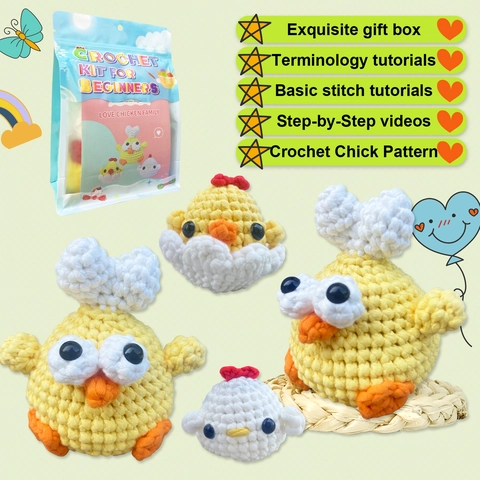 Kit Uncinetto Fai Da Te Per Principianti Famiglia Di Polli Amigurumi Animali Filato Uncinetto Video Tutorial Istruzioni