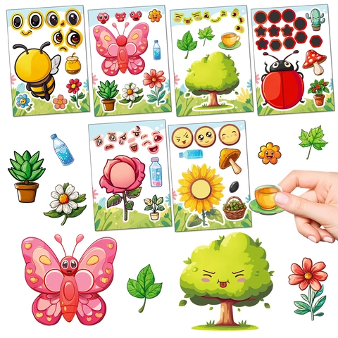 6 Sheets DIY Cartoon Insect Face Change Stickers For Kids Educational Puzzle Sticker Set Butterfly Bee Ladybug Flower Decals