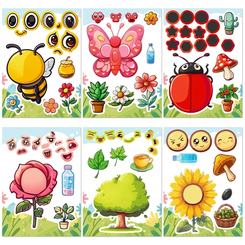6 Sheets DIY Cartoon Insect Face Change Stickers For Kids Educational Puzzle Sticker Set Butterfly Bee Ladybug Flower Decals