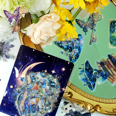 Magic Wizard Cat Stickers PET Gilded Laser Scrapbook Decoration Magical Element Potion Moon Star Owl Fantasy Theme Decorative Decals