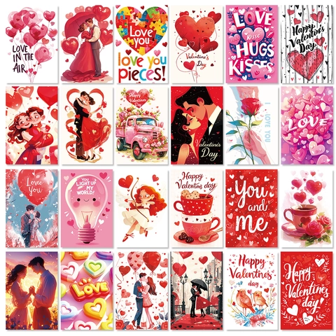 Valentine Day Wall Decor Cards Romantic Aesthetic DIY Poster Set Heart Rose Patterns Home Art Decoration Gift For Couples