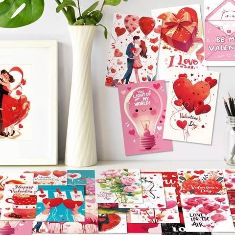 Valentine Day Wall Decor Cards Romantic Aesthetic DIY Poster Set Heart Rose Patterns Home Art Decoration Gift For Couples
