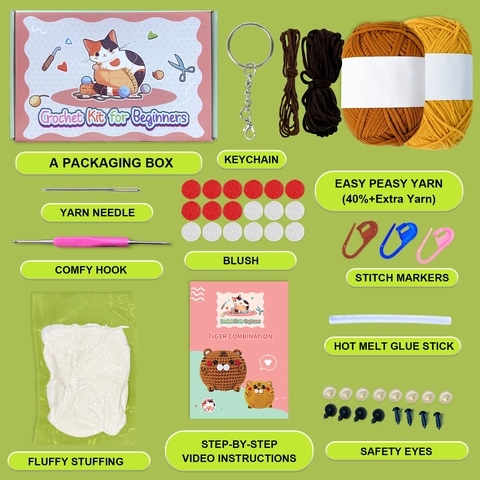 Kit per Uncinetto Tigre DIY per Principianti Set Amigurumi Animale Fatto a Mano Con Filato Uncinetto e Imbottitura per Arredo Casa Regalo