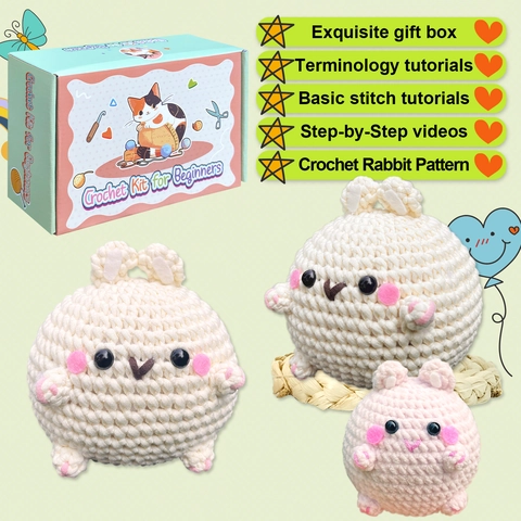 Beginner Crochet Kit For Cute Bunny Stuffed Animal DIY Amigurumi Kit With Milk Cotton Yarn Hook Tools For Handcraft Gift