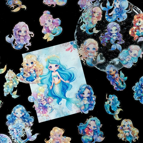 Cute Mermaid Waterproof Transparent PET Stickers Laser Gold Foil Decorative Hand Drawn Journaling Decals For Kids Girls Stationery DIY