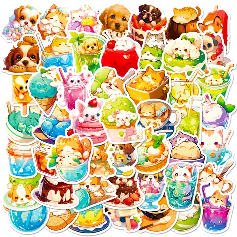 Cute Cartoon Cat Dog Food Stickers Waterproof Kawaii Pet Pudding Ice Cream Decals For Laptop Scrapbook Journal Decor