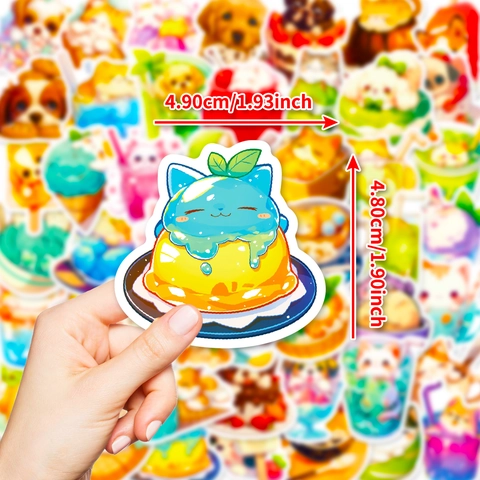 Cute Cartoon Cat Dog Food Stickers Waterproof Kawaii Pet Pudding Ice Cream Decals For Laptop Scrapbook Journal Decor